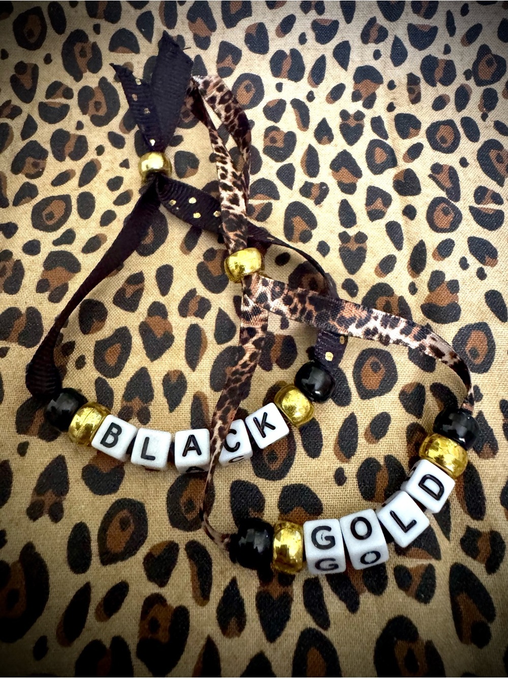 Kids Black & Gold Letter Bead Ribbon Bracelets (stackable)
